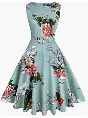 Owin Floral Fit-and-Flare Sleeveless Cotton Dress in Sage Green Rockabilly S